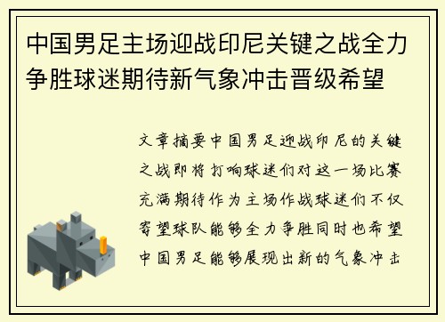 中国男足主场迎战印尼关键之战全力争胜球迷期待新气象冲击晋级希望